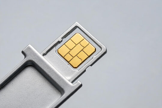 A close-up view of a golden sim card chip seated in a metallic tray, designed for installation in mobile communication devices.