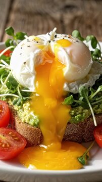 Golden Egg Yolk Dripping onto Avocado Toast with Greens - A perfectly poached egg cracks open, releasing a rich golden yolk that cascades onto a slice of avocado toast.