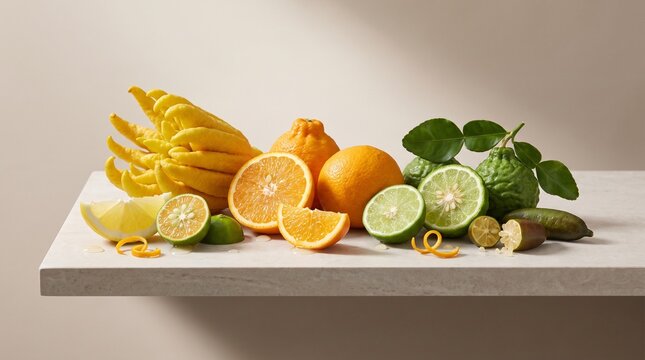 Assorted fresh citrus fruit collection displayed on a minimalist stone