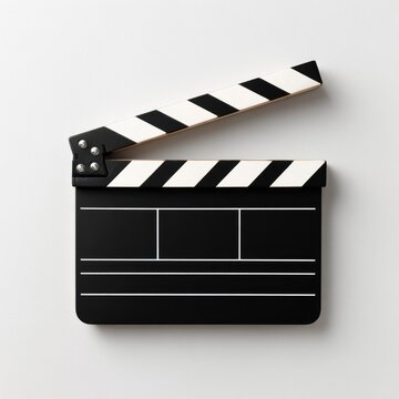 Open black and white movie clapperboard on a plain white background