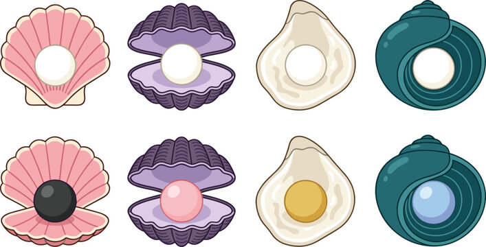 Seashell pearl frame icon set featuring open scallop clam oyster and spiral conch shells holding colorful white black pink and gold pearls