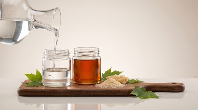 Clear maple sap pouring into glass jar beside amber syrup with agriculture