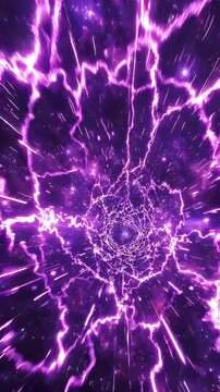 Purple Neon Particle Energy Tunnel - An abstract visualization of a purple neon particle tunnel with light streaks and energy lines. The glow effect creates a dynamic and vibrant background.