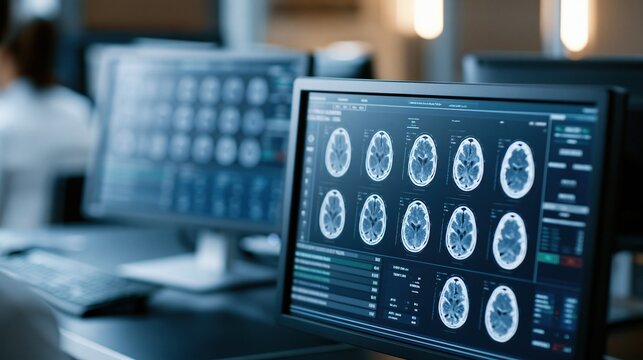 Close-up of brain MRI scans displayed on multiple computer monitors in a modern medical imaging laboratory