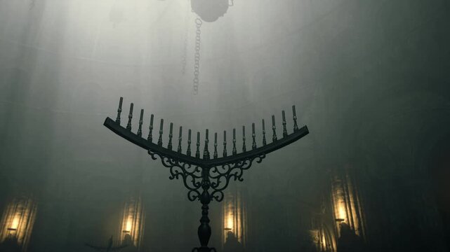 Sunlit submerged chandelier beneath drowned cathedral, light shafts pierce murky water, ornate iron filigree looms over altar ruins, bronze corrosion