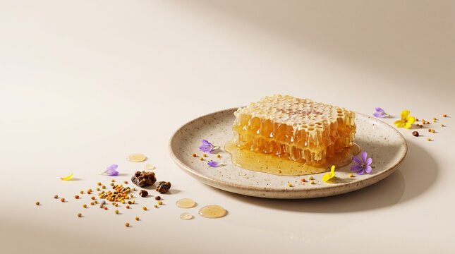 Fresh raw honeycomb served on a ceramic plate with natural golden honeycomb