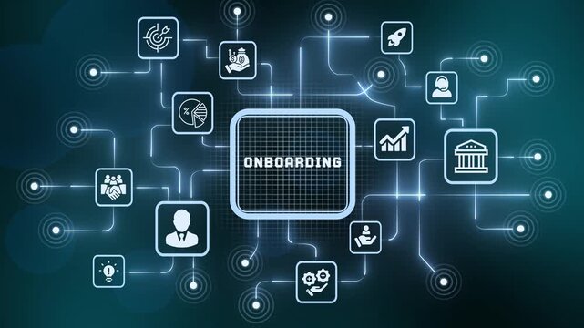 Human resources onboarding process and new employee integration network system with modern digital line art icons.