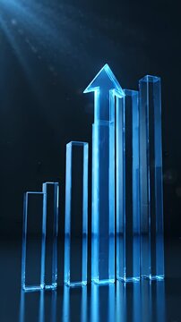 Transparent Blue Glass Bar Chart with Upward Arrow - A 3D bar chart made of transparent blue glass, featuring an upward-pointing arrow as the tallest bar.
