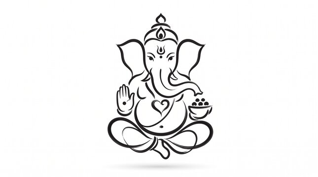 A minimalist and elegant black line-art vector illustration of Lord Ganesha sitting in a meditative posture, holding sweet modak and showing the blessing Abhaya mudra, isolated on white.