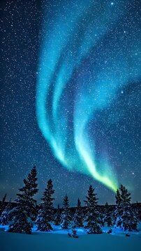 Aqua Blue Aurora Borealis Over Snowy Forest at Night - A spectacular display of the aqua blue aurora borealis illuminates the starry night sky above a serene, snow-covered forest.