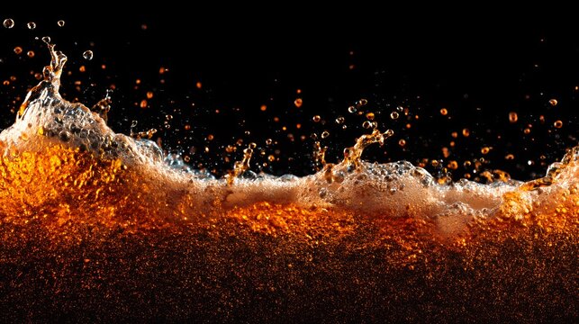 Dynamic dark amber liquid splash with rising bubbles and flying droplets on black background for beverage product overlay.