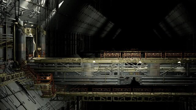 Industrial utility environment. Robust platform with piping and lighting. Industrial service area featuring support beams and scattered tools