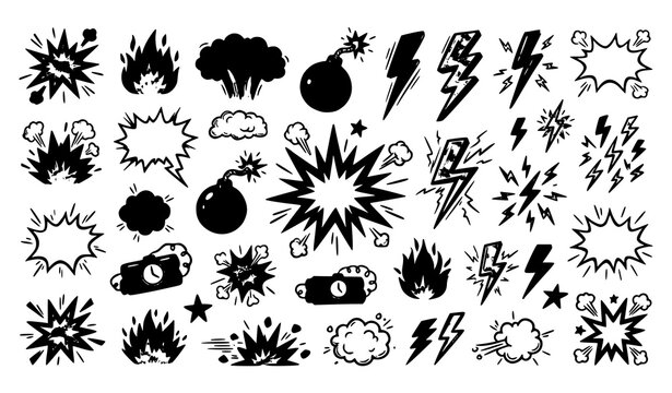 Retro comic doodle explosion bomb and lightning effect vector icons set