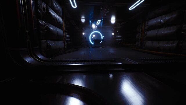 Reflective pod interior with neon rings, glossy floor panels and holographic interface hovering midair, blue ambient lighting with chrome consoles and sensor
