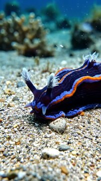 Colorful Sea Slug Crawling on Sandy Ocean Floor - A vibrant sea slug with dark purple, blue, and orange stripes slowly moves across a sandy seabed.
