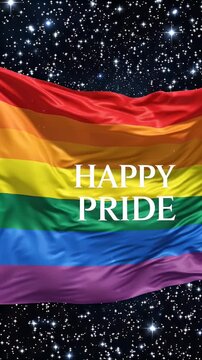 Waving Rainbow Pride Flag Against Starry Night Sky - A vibrant rainbow flag, symbolizing pride and diversity, gracefully waves against a dark background filled with sparkling stars.