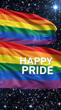 Waving Rainbow Flag with Happy Pride Text Against Starry Night Sky - A vibrant rainbow flag waves dynamically against a dark background filled with sparkling stars, conveying a celebratory message of