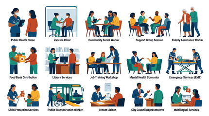 Fototapeta premium Diverse Community Service Professionals Flat Vector Icons Set