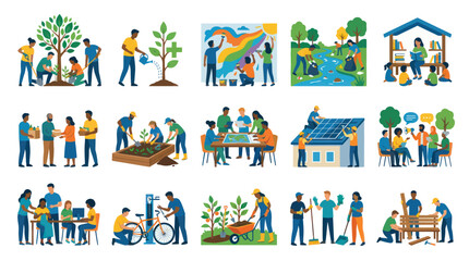 Naklejka premium Diverse People Engaged in Community Service Activities, Flat Art