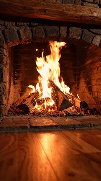 Cozy Fireplace with Glowing Flames and Wooden Floor - A warm and inviting fireplace crackles with bright, glowing flames and burning logs.