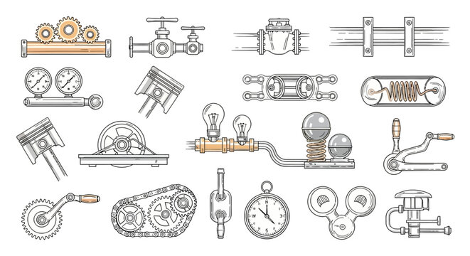Mechanical parts including gears pistons and valves on white background