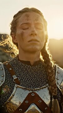 Woman Warrior in Armor with Closed Eyes and Sunlight - A close-up portrait of a strong female warrior with her eyes closed, dirt smudged on her face, and her hair braided.