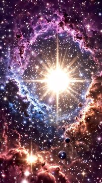 Vibrant Cosmic Nebula with Central Star and Sparkling Stars - A breathtaking view of a colorful cosmic nebula, featuring a brilliant star at its center and countless sparkling stars scattered