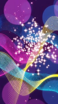 Abstract Colorful Wavy Lines and Circles Background - This abstract background features vibrant, colorful wavy lines of pink, blue, and yellow that curve dynamically across the screen.