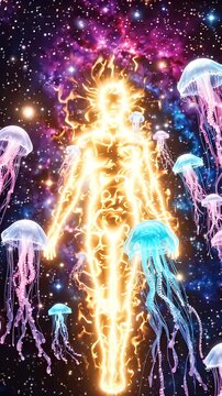 Luminous Figure in Cosmic Space with Jellyfish - An abstract illustration depicts a glowing, human-like figure radiating light amidst a vibrant cosmic backdrop filled with stars and nebulas.