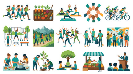 Naklejka premium Flat Vector Illustrations of Healthy Lifestyle Activities and Community Engagement