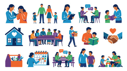 Fototapeta premium Flat Design Social Community Support Vector Illustrations: Welfare, Family, Counseling, Charity Icons Collection