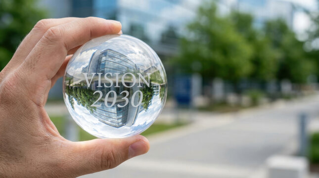 Hand holding glass sphere reflecting modern building with words vision 2030 symbolizing future health equity initiatives and progress