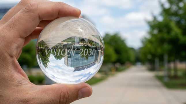 Hand holding clear glass sphere with building reflection and text vision 2030 showing health equity initiatives for future planning and development
