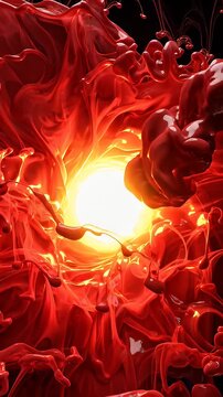 Abstract Red Liquid Vortex Glow - A surreal and vibrant visual of red liquid swirling and flowing into a bright, glowing central vortex.
