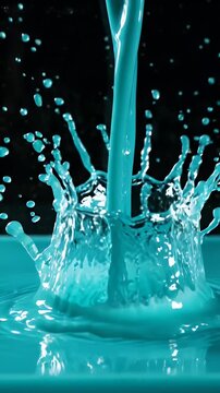 Abstract Teal Liquid Droplets Falling and Splashing Macro Fluid Dynamics - Close-up view of vibrant teal liquid cascading and creating a dynamic splash on a dark background.