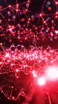 Abstract Red Digital Particle Wave Energy - A network of red glowing particles and connecting lines forms an abstract, energetic wave pattern.