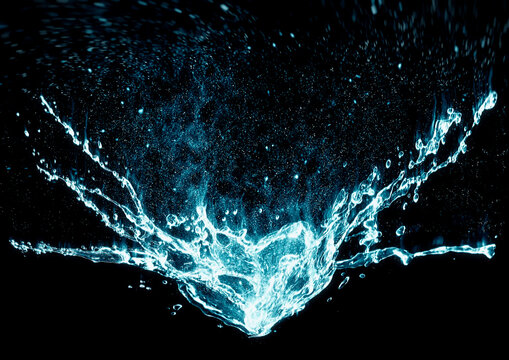 黒い背景に青い水しぶきが飛び散る抽象的な3Dイラスト｜清潔で流れるような水の波しぶき