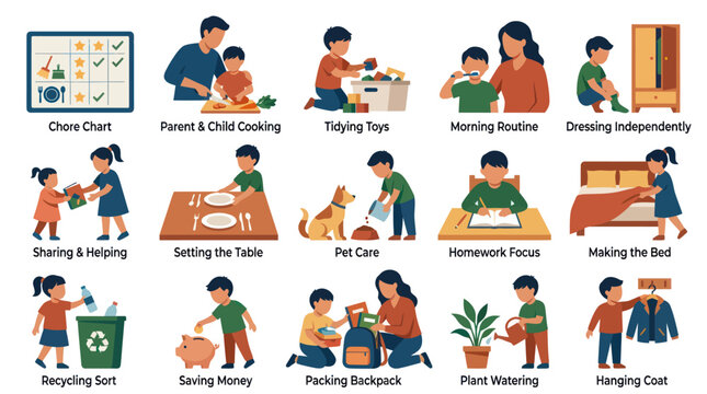 Children's Chores Flat Vector Illustration Set for Education and Family Lifestyle Concepts