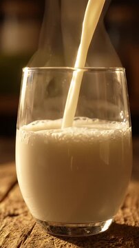 Warm Milk Pouring into Glass Macro Shot - A close-up, macro shot shows creamy, warm milk being poured into a clear glass. Steam rises gently from the frothy liquid filling the vessel.