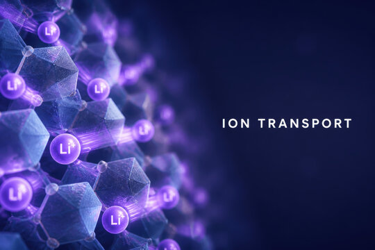 Next gen batteries research on ion transport in crystal lattice with glowing lithium ions and abstract scientific background