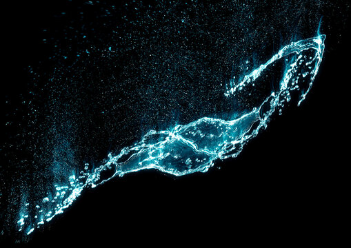 黒い背景に青い水しぶきが飛び散る抽象的な3Dイラスト｜清潔で流れるような水の波しぶき