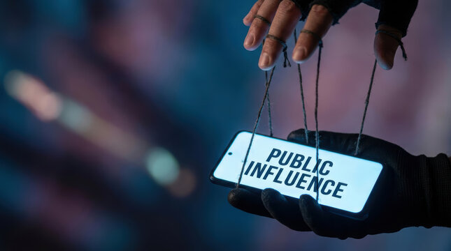 Public influence concept with hand controlling smartphone like puppet strings showing social media disinformation impact communication and opinion