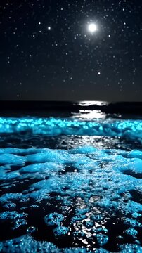Bioluminescent Ocean Wave Under Starry Night Sky - A mesmerizing scene unfolds as a bioluminescent wave crashes onto a dark beach, creating glowing sea foam under a starry night sky illuminated by