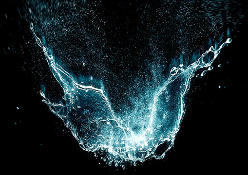 黒い背景に青い水しぶきが飛び散る抽象的な3Dイラスト｜清潔で流れるような水の波しぶき