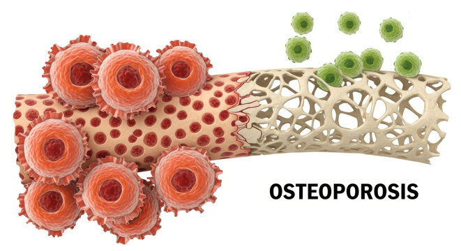Osteoporosis bone loss medical illustration of porous bone with osteoclast cell and calcium deficiency