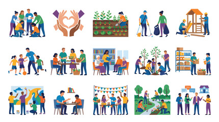 Fototapeta premium Community Volunteering Flat Icons: People Helping, Gardening, Building, Arts Crafts