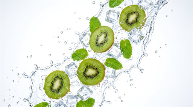 Sliced kiwis falling in water