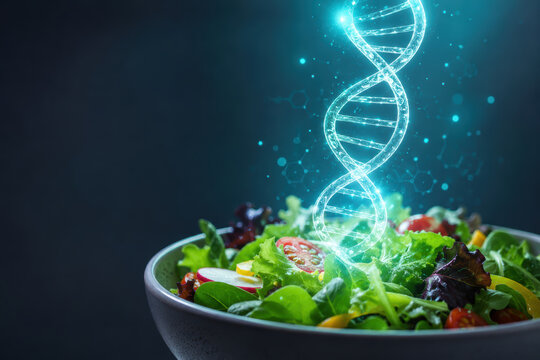 Nutrition science personalized salad bowl healthy fresh green lettuce tomato vegetable protein diet meal
