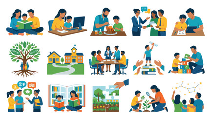 Fototapeta premium Flat Vector Education Learning Set: Children, Parents, Teachers, School Activities, and Childhood Development