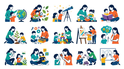 Fototapeta premium Flat Style Vector Art: Parents Teaching Children Various Activities